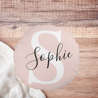 Cojín Redondo Nombre personalizado moderno Monograma Pastel rosa