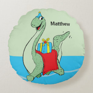 Cojín Redondo Nombre personalizado, niño, dinosaurio de cumpleañ