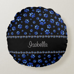 Cojín Redondo Nombre personalizado, perras de perro purpurina az