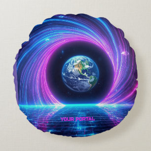 Cojín Redondo Nombre personalizado Portal del Planeta Neon Retro