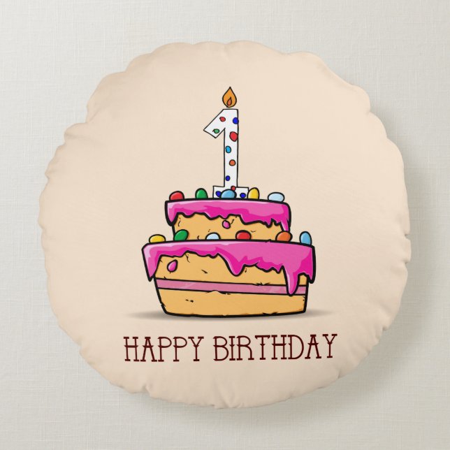 Cojín Redondo Nombre personalizado, primer cumpleaños, pastel ro (Anverso)