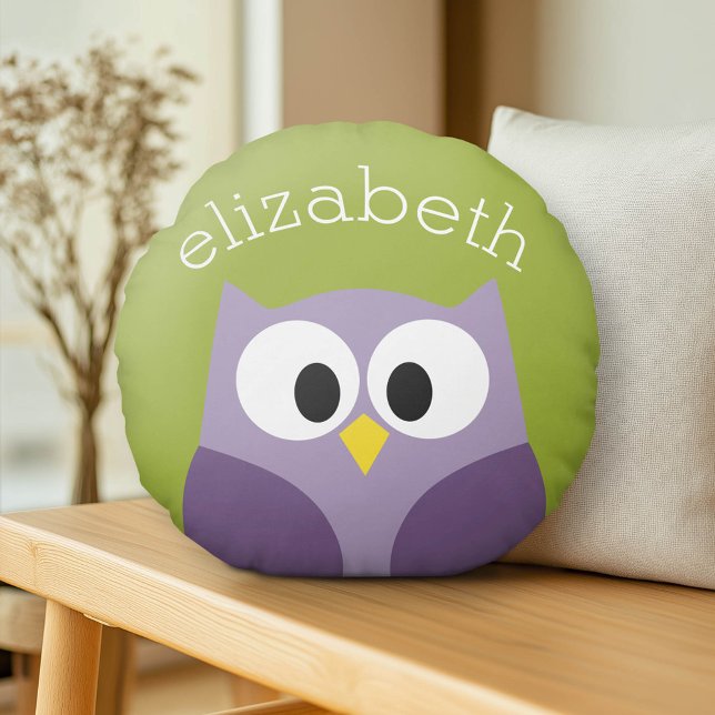 Cojín Redondo Nombre personalizado púrpura y pistachio de búho P (Custom Pillow)