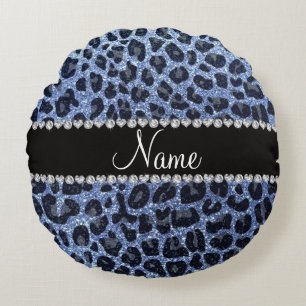 Cojín Redondo Nombre personalizado purpurina azul claro leopardo