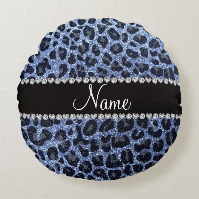 Cojín Redondo Nombre personalizado purpurina azul claro leopardo (Anverso)