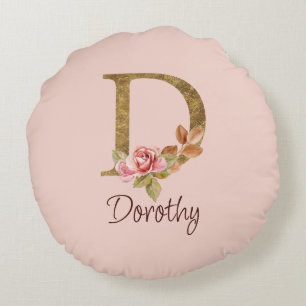 Cojín Redondo Nombre Personalizado Rosas Rosadas Letra D con Hoj
