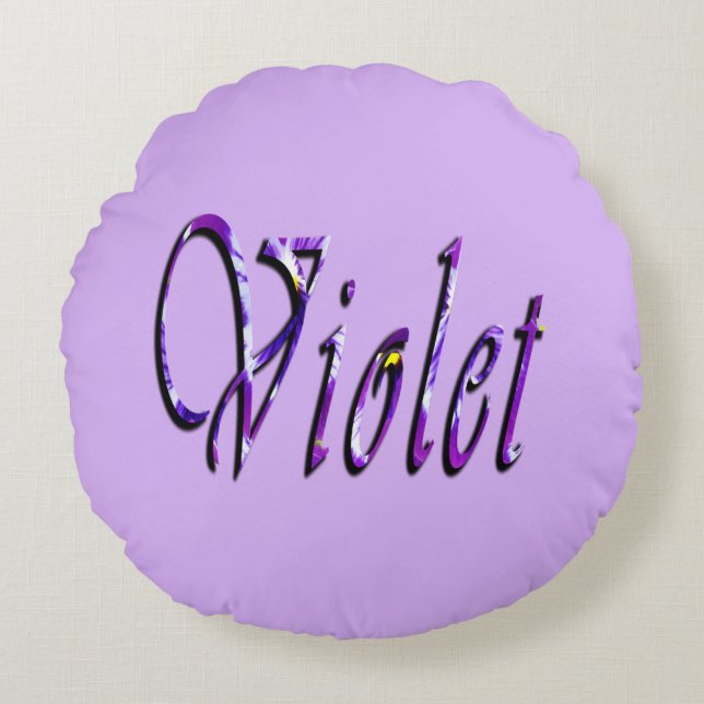Cojín Redondo Nombre violeta morado floral, (Anverso)