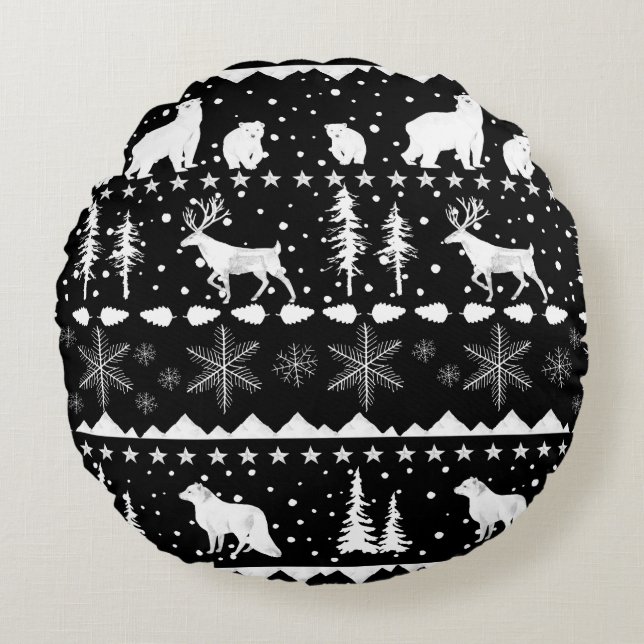Cojín Redondo Nórdico Sweater White Winter Animals Black (Anverso)