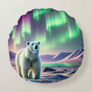 Cojín Redondo Northern Lights with Polar Bear – Winter Serenity 