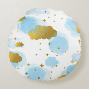 Cojín Redondo Nubes de acuarela azul estrellas doradas cielo 
