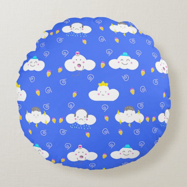 Cojín Redondo Nubes de dibujos animados lindos con emociones (Anverso)