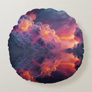 Cojín Redondo Nubes surrealistas brillantes del atardecer reflej
