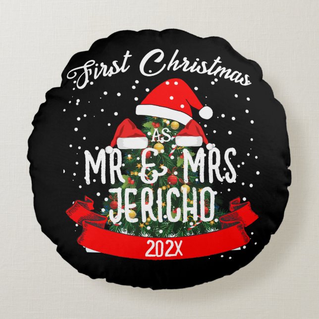 Cojín Redondo Nuestra Primera Navidad como Señor y Señora Recién (Anverso)
