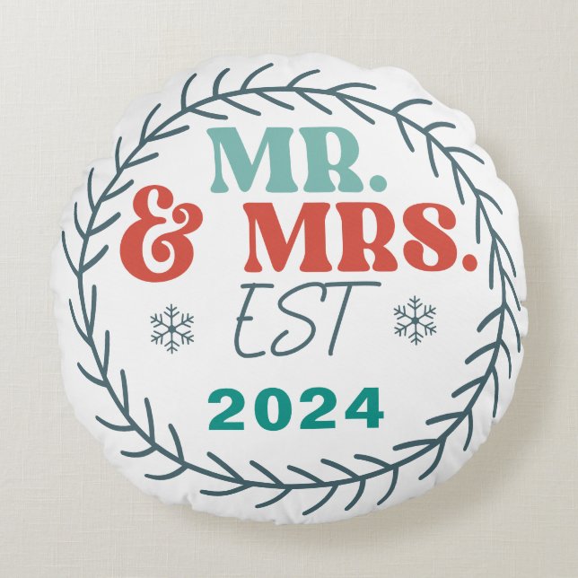Cojín Redondo nuestra primera Navidad como Sr. y Sra. (Anverso)