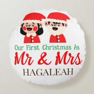 Cojín Redondo Nuestra primera Navidad como Sr. y Sra. Newlyw