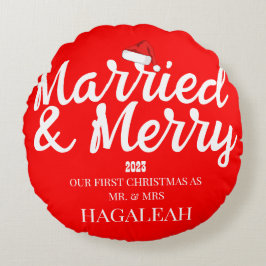 Cojín Redondo Nuestra primera Navidad, Sr. y Sra. Newlyw Merry
