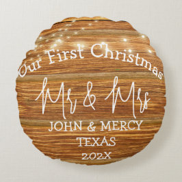 Cojín Redondo Nuestra primera Navidad Sr. y Sra. recién casados