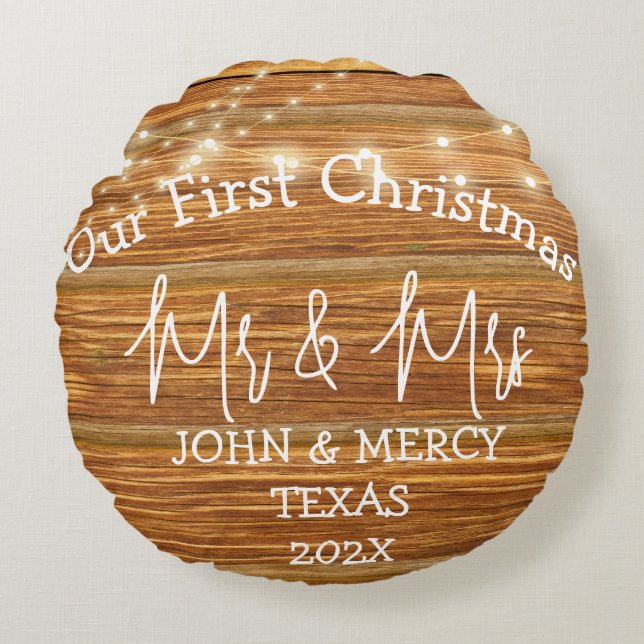 Cojín Redondo Nuestra primera Navidad Sr. y Sra. recién casados  (Anverso)