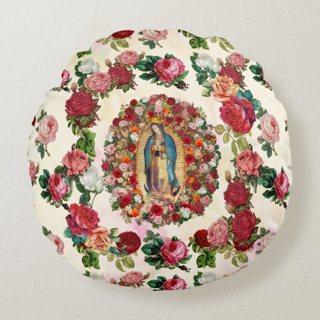 Cojín Redondo Nuestra Señora de Guadalupe Rosas Potpourri (Anverso)