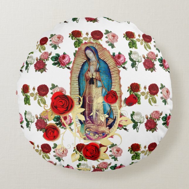 Cojín Redondo Nuestra Señora de Guadalupe Rosas Virgen María San (Anverso)