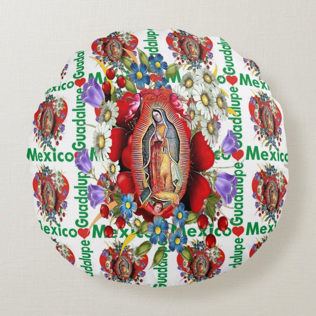 Cojín Redondo Nuestra Señora de Guadalupe Virgen Mexicana Azteca (Anverso)