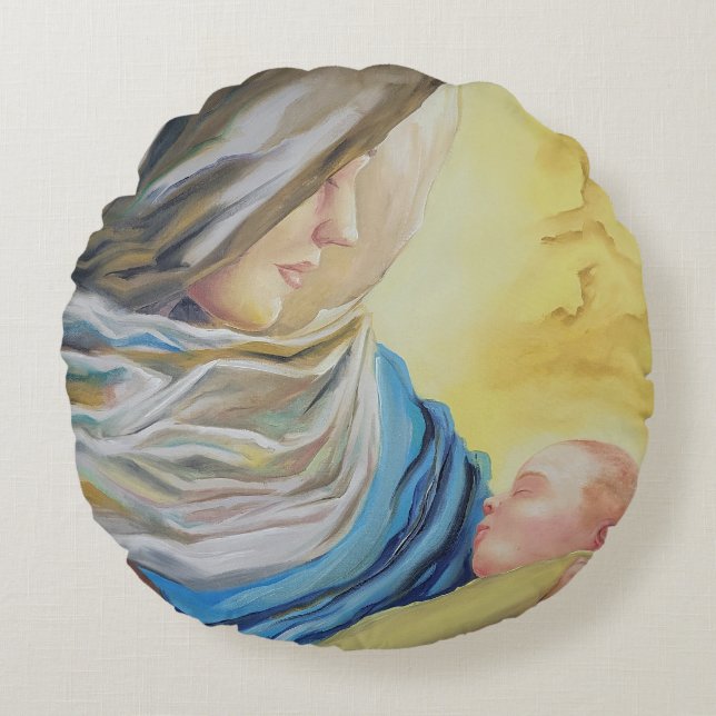 Cojín Redondo Nuestra Señora del Silencio agarrando al bebé Jesú (Anverso)