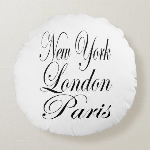 Cojín Redondo Nueva York Londres París – Tipografía Eslogan