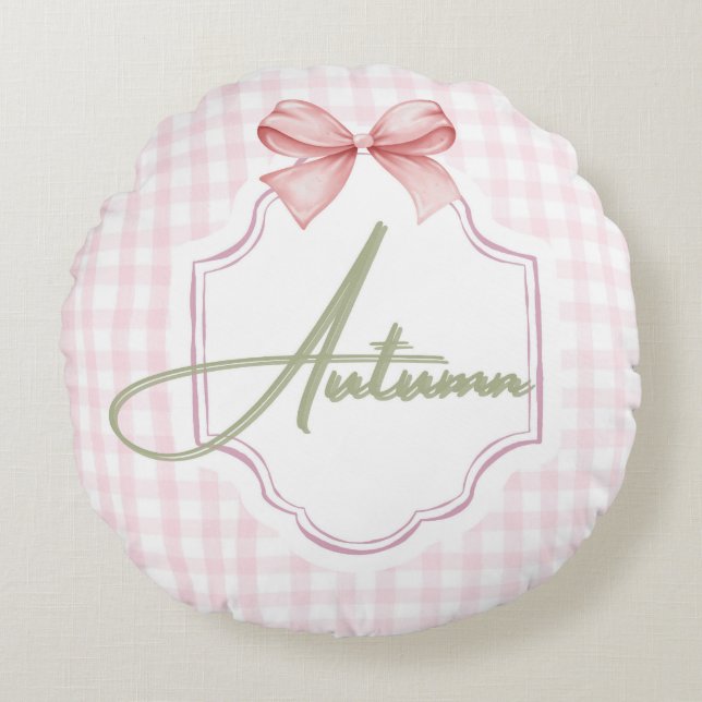 Cojín Redondo Nursery Bow&Gingham personalizada para bebé de oto (Anverso)