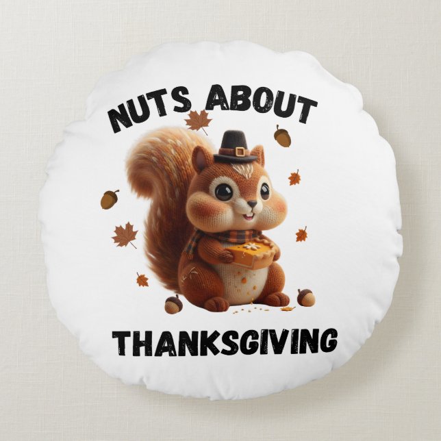 Cojín Redondo Nuts About Pie – Cute Yarn Squirrel Thanksgiving  (Anverso)