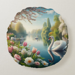 Cojín Redondo Obra artística de primavera de lagos de cisne flor