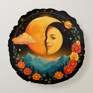 Cojín Redondo Obra de arte de media luna con montañas, girasoles