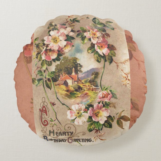 Cojín Redondo Obra de Vintage Happy Birday Card (Anverso)