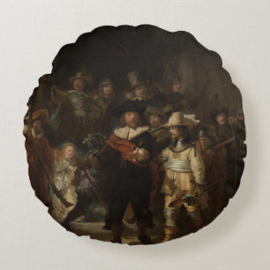 Cojín Redondo Obra maestra barroca del reloj nocturno Rembrandt