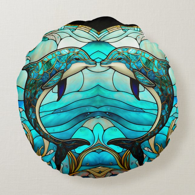 Cojín Redondo Ocean Beach House Blue Dolphin Faux Semental Glass (Reverso)