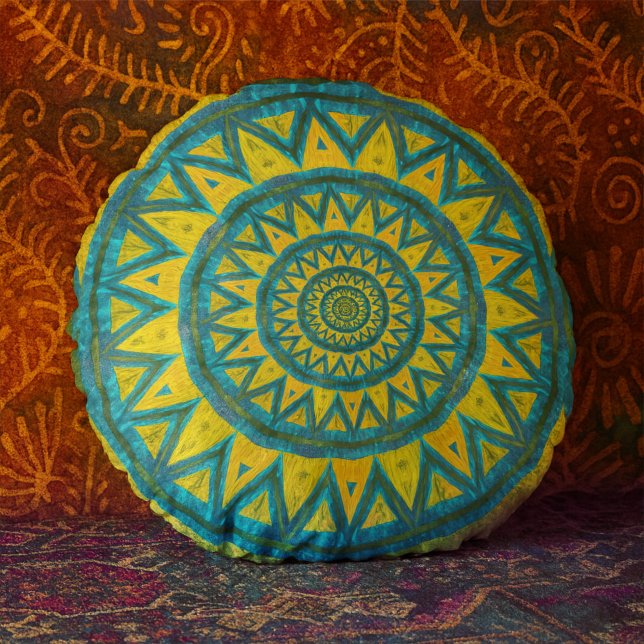 Cojín Redondo Ócre y Turquesa Bohemio Celestial Tribal Étnico (Subido por el creador)