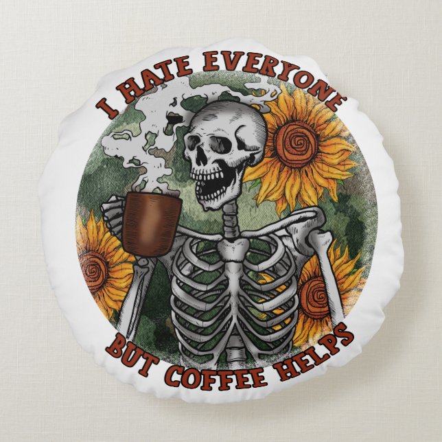 Cojín Redondo Odio A Todos Pero El Café Ayuda (Reverso)