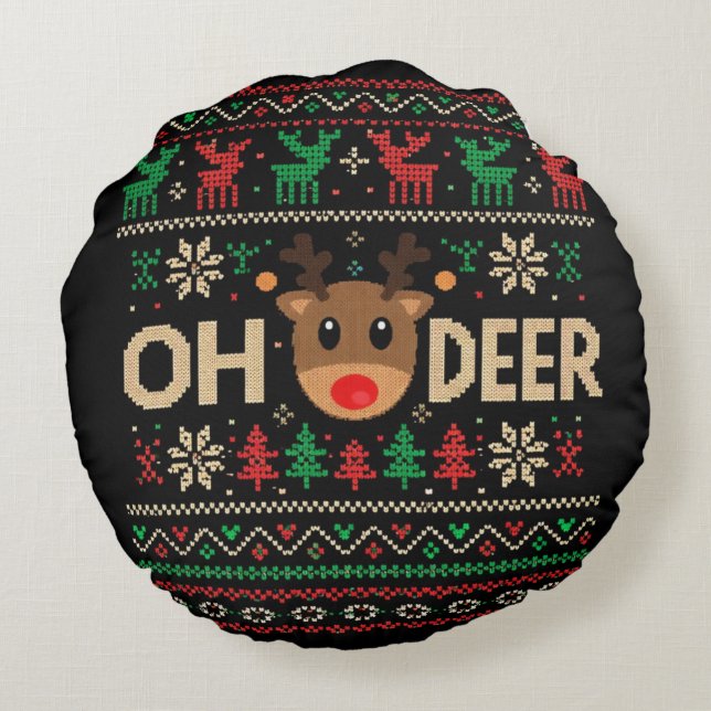 Cojín Redondo Oh Deer Ugly Christmas Sweater Throw Pillow (Reverso)