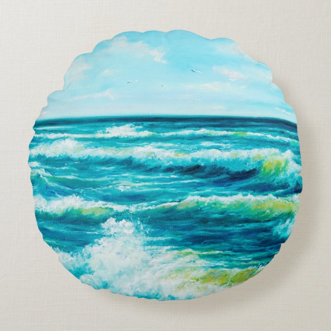 Cojín Redondo  oil painting showing waves in ocean or sea on can (Anverso)