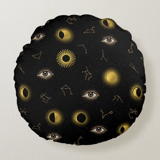 Cojín Redondo Ojo Celestial Negro Oro y Ojo Zodiaco Luna (Anverso)