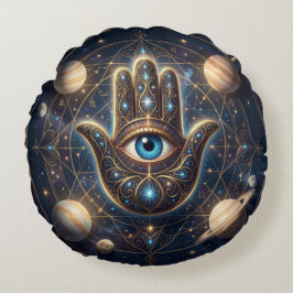 Cojín Redondo Ojo Turco Hamsa Celestial Dorado Marina Cósmica