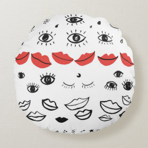 Cojín Redondo Ojos de cosecha, patrón de labios rojos.
