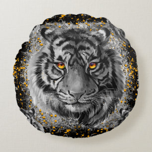Cojín Redondo Ojos de tigre - Dibujo de tigre colorido - Pilar d