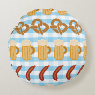 Cojín Redondo Oktoberfest: cerveza, pretzel, patrón de salchicha