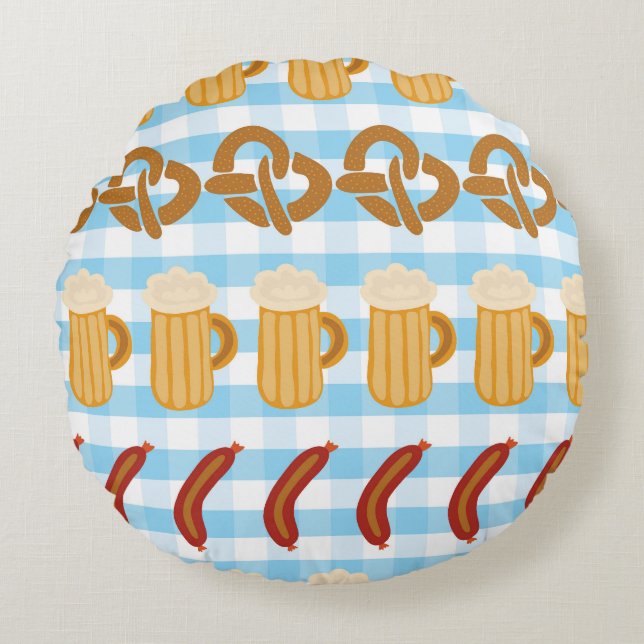 Cojín Redondo Oktoberfest: cerveza, pretzel, patrón de salchicha (Anverso)