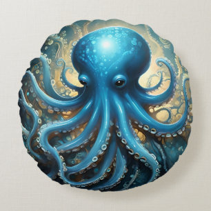 Cojín Redondo Olas Celestiales: El Arte Fractal del Pulpo Azul