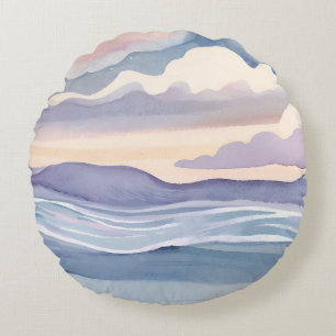 Cojín Redondo Olas de océano soñadoras   Acuarela