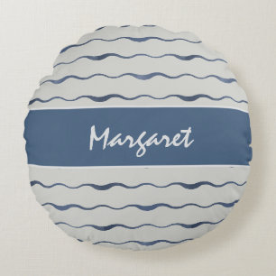 Cojín Redondo Olas de Pizarra Azul Decoración Náutica Personaliz