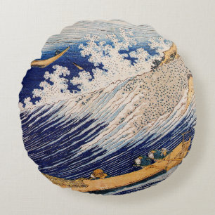 Cojín Redondo Olas del Océano de Hokusai Barcos Marítimos