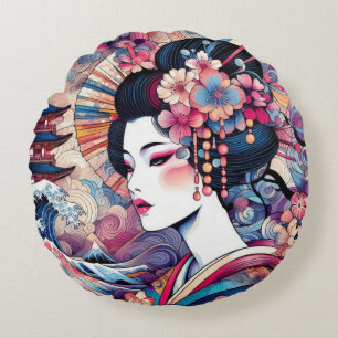 Cojín Redondo Olas orientales abstractas de flores geisha rosada