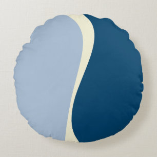 Cojín Redondo Olas simples 2 en azul oscuro, azul claro y crema