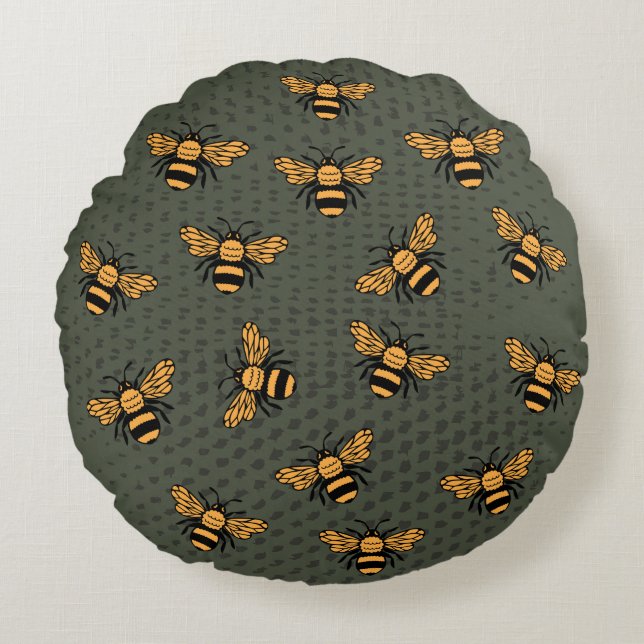 Cojín Redondo Olive Green Bee Mingle (Anverso)